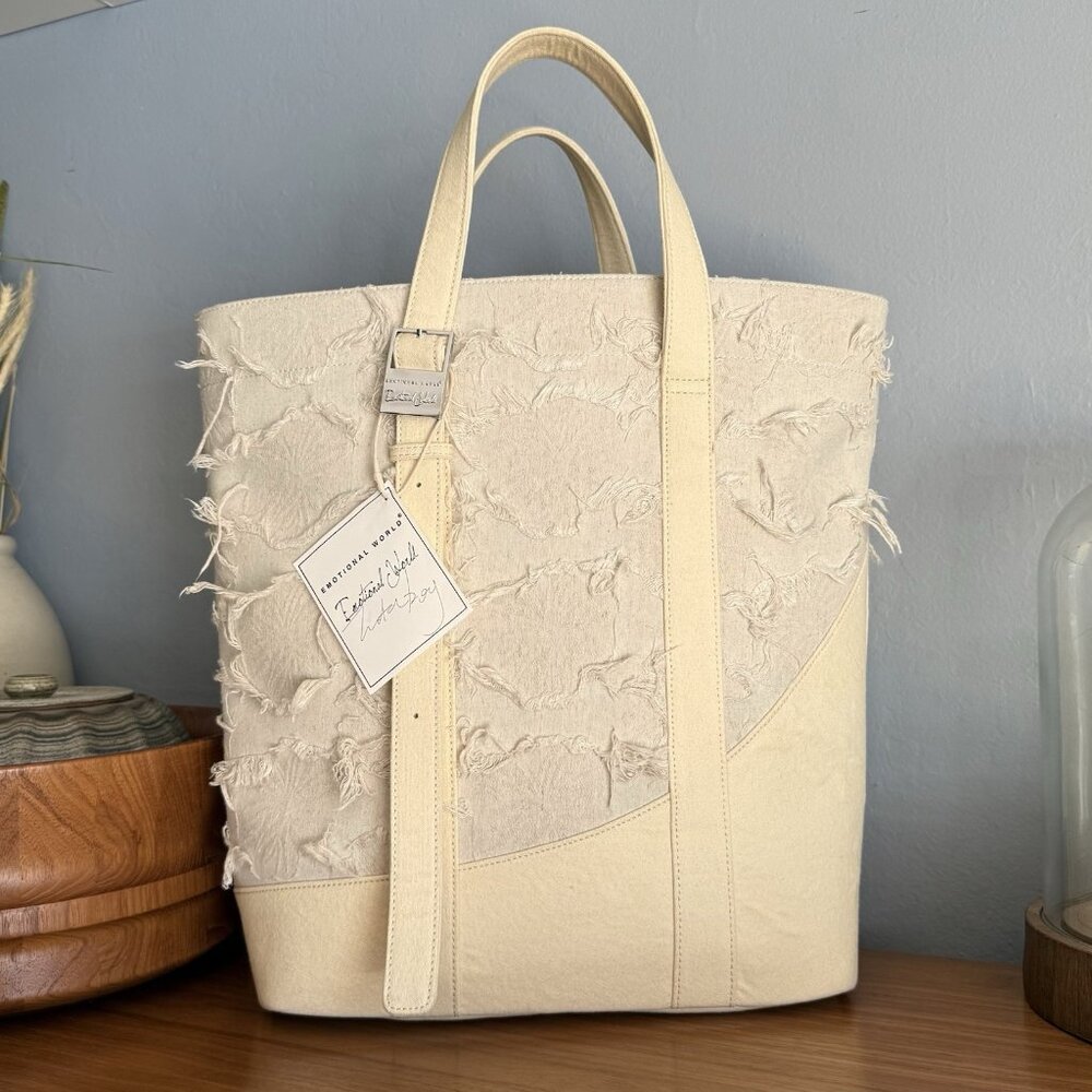 Emotional World Large Vintage Tote Bag Cotton Linen Beige Artsy Unique